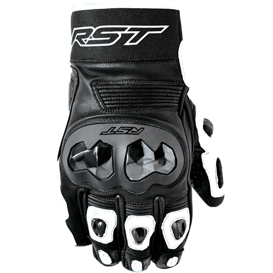 Black motorcycle glove with RST branding on a white background
