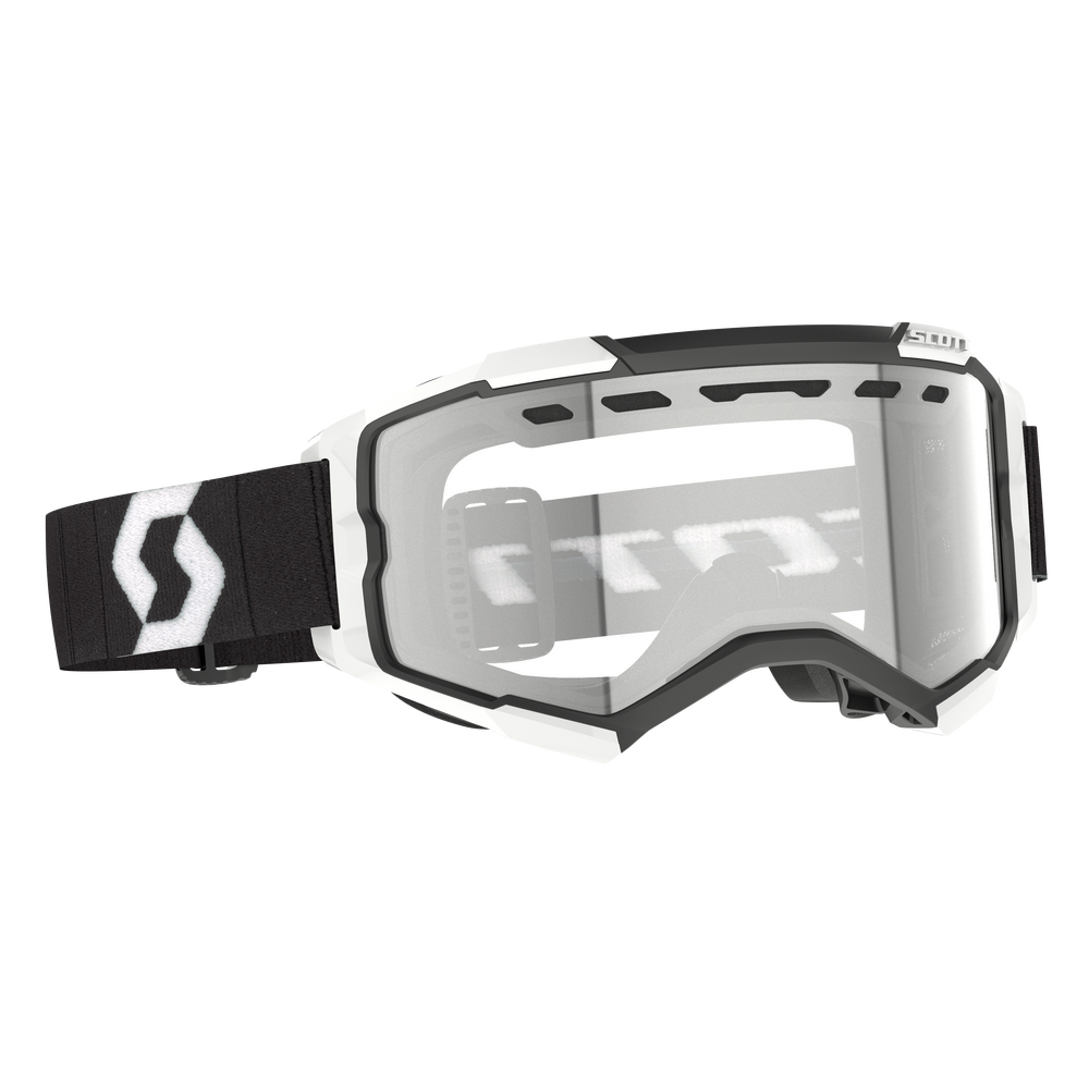White goggles with a black strap on a white background