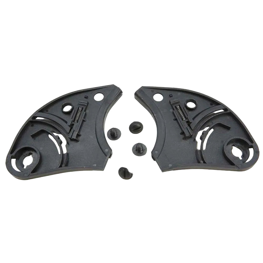 Two black plastic components with screws on a white background