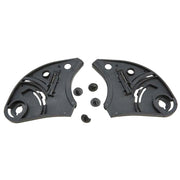 Two black plastic components with screws on a white background