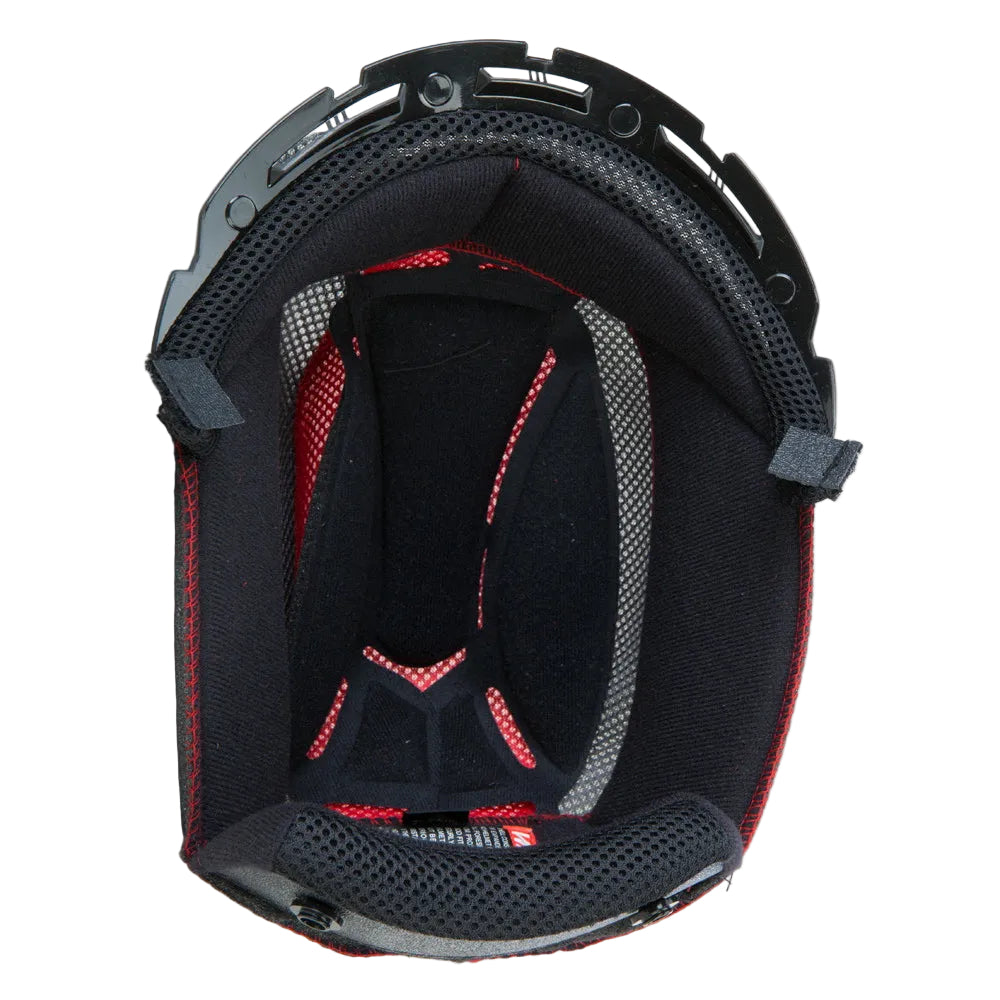 Close-up of a black and red helmet interior on a white background