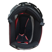 Close-up of a black and red helmet interior on a white background