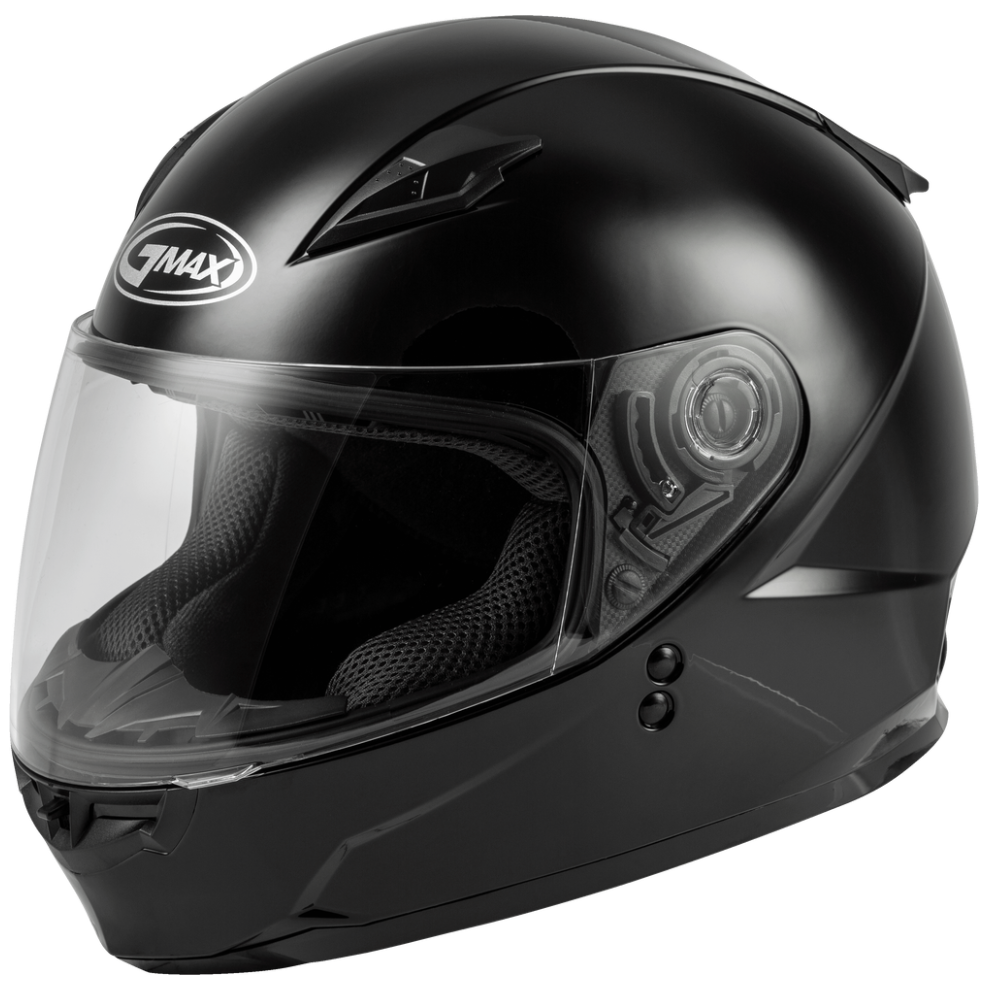 Black motorcycle helmet with clear visor on a transparent background