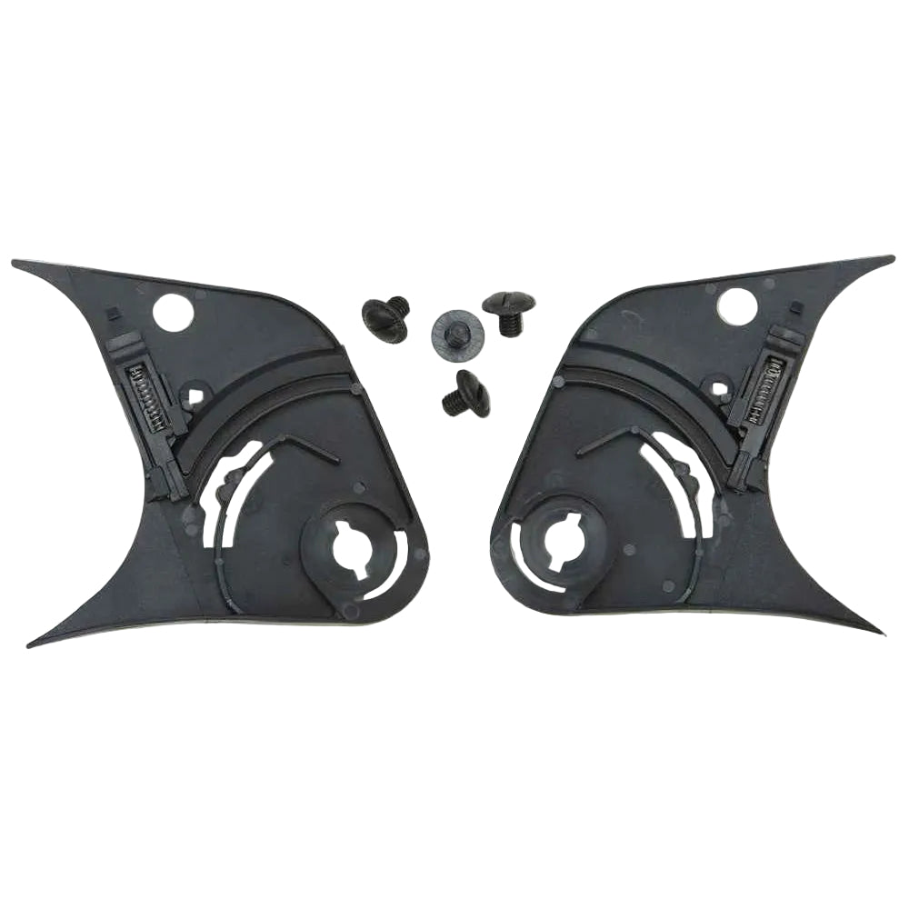 Two black plastic components with screws on a white background