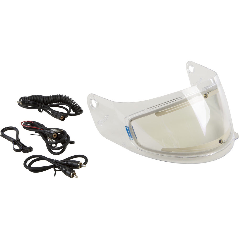 Motorcycle visor with wiring harnesses on a white background