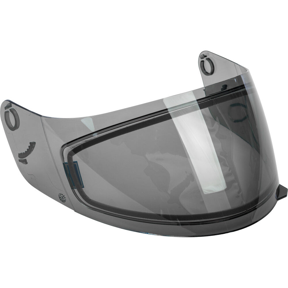 Clear helmet visor with black frame on a white background