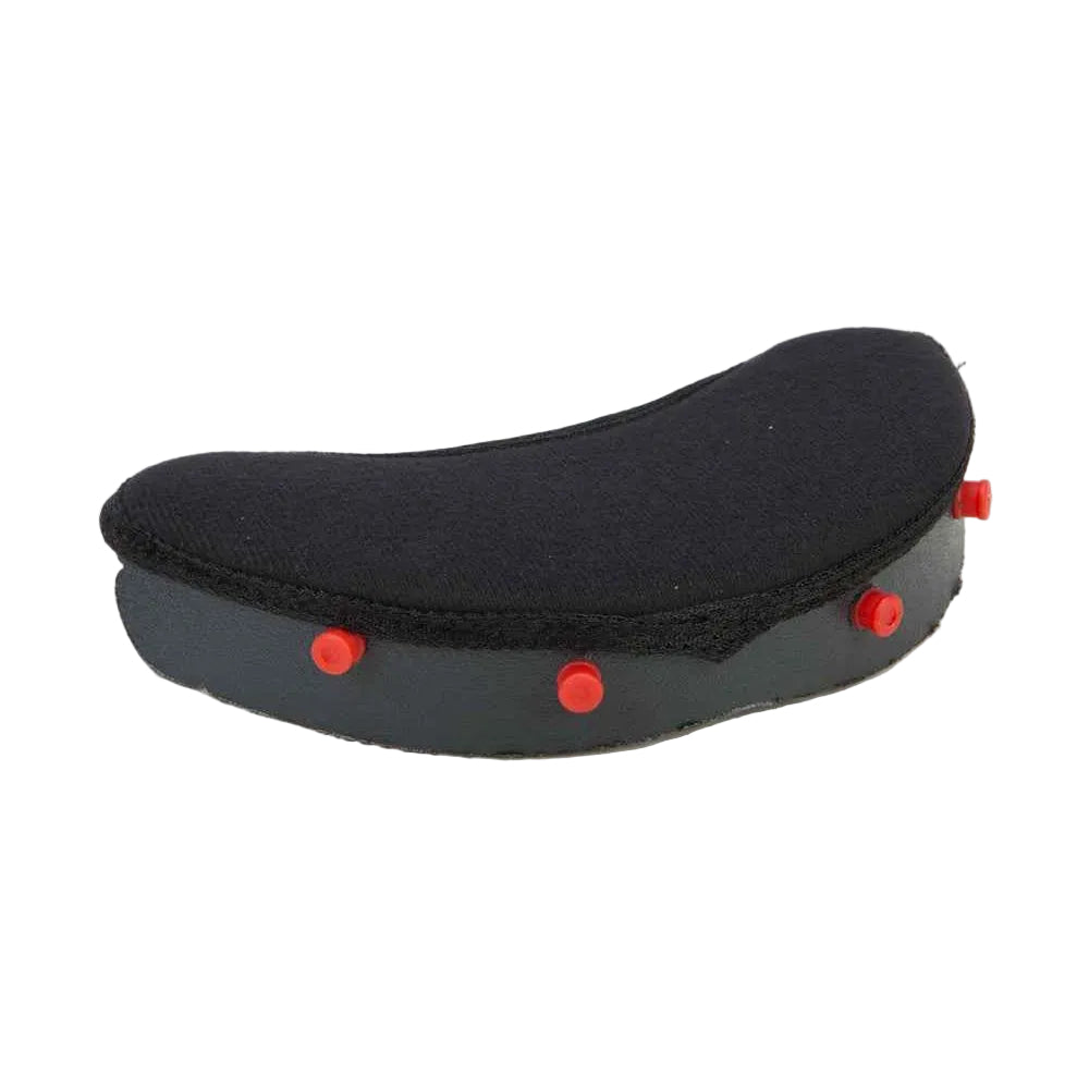 Black and gray chin curtain with red snaps on a white background