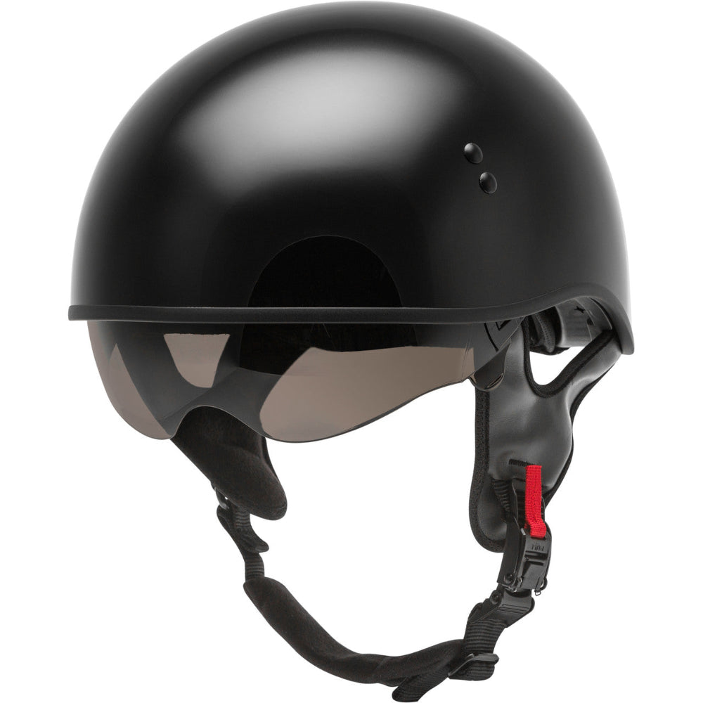 Black motorcycle helmet with chin strap on a transparent background