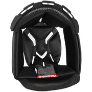 Black neck brace with a warning label on a white background