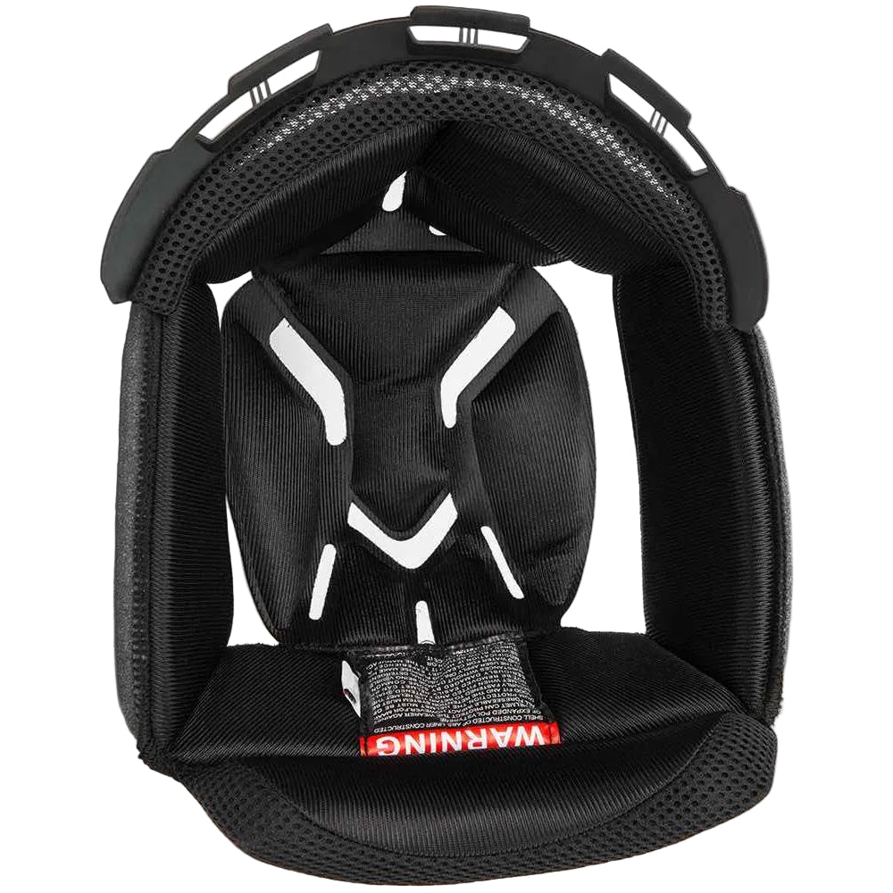 Black neck brace with a warning label on a white background