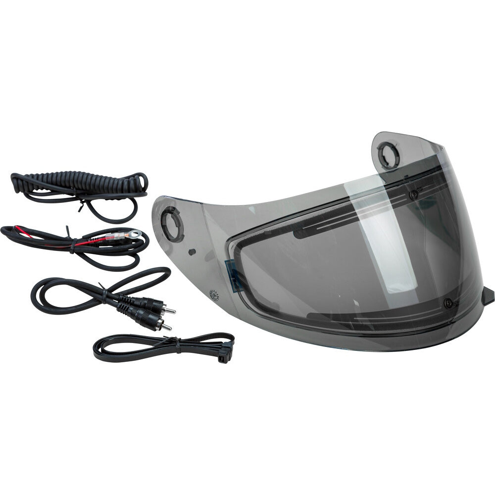Motorcycle helmet visor with heating element cable on a white background