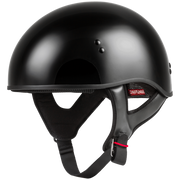 Black motorcycle helmet with chin strap on a white background