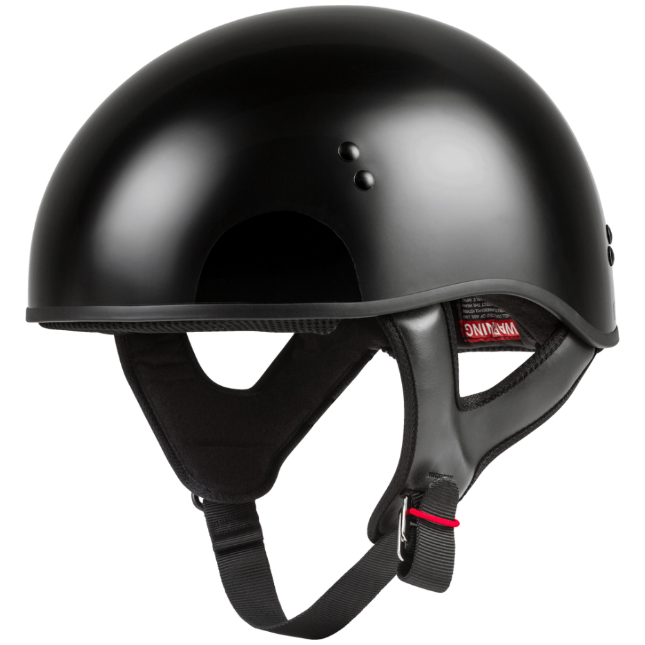 Black motorcycle helmet with chin strap on a white background