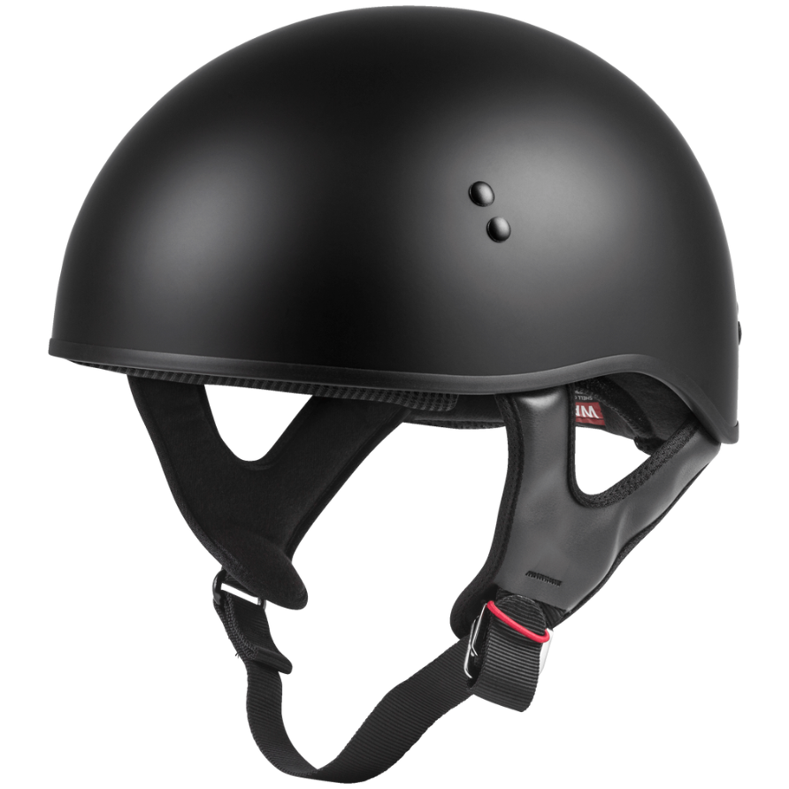 Black motorcycle helmet with chin strap on a white background