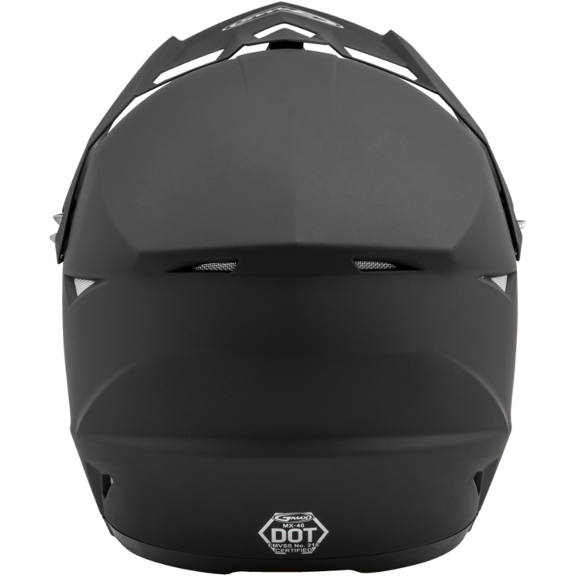 Black motorcycle helmet with a visible DOT logo on a white background