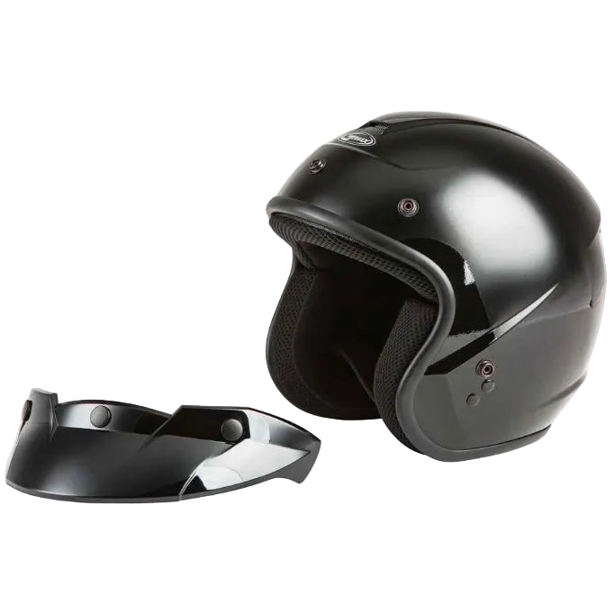 Black motorcycle helmet with visor on a white background