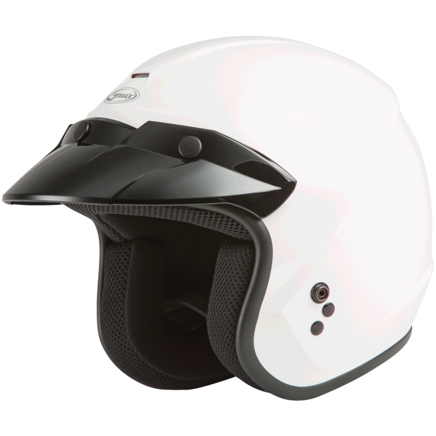 White motorcycle helmet with black visor on a white background