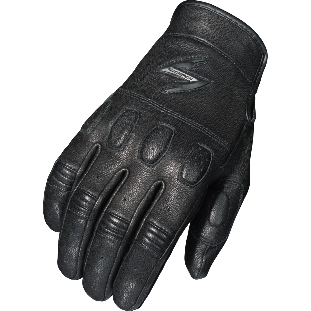 Black motorcycle glove with brand logo on a white background
