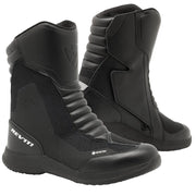 Black motorcycle boots with brand logo on a light gray background