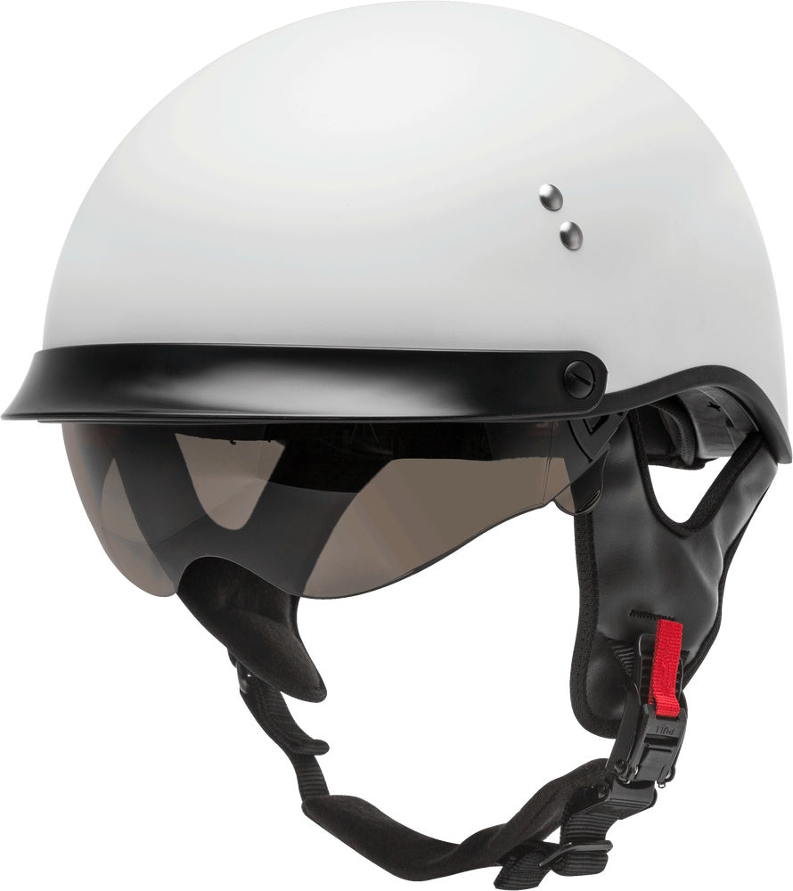 White motorcycle helmet with black visor and chin strap on a white background