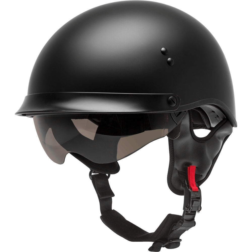 Black helmet with a strap on a white background