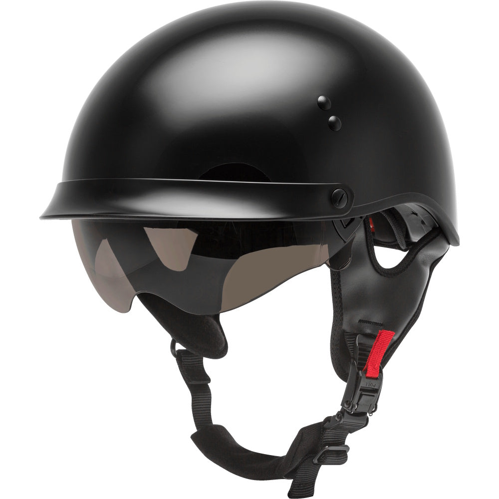 Black helmet with a red strap on a white background