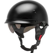 Black helmet with a red strap on a white background