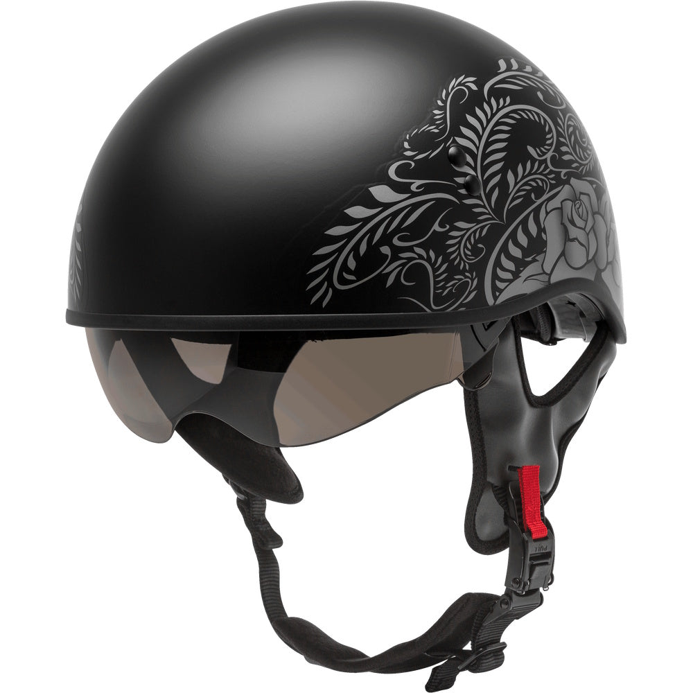 Black helmet with white floral design on a clear background
