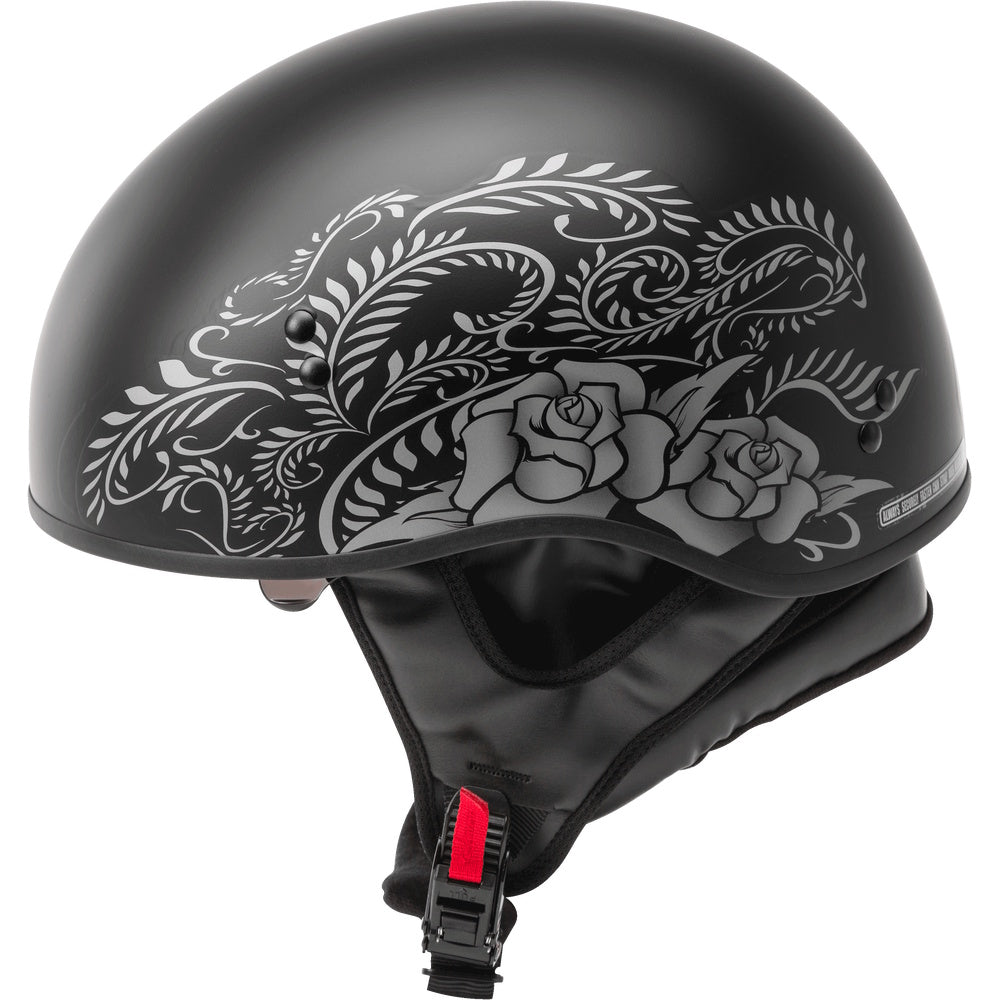 Black helmet with white floral and rose design on a clear background