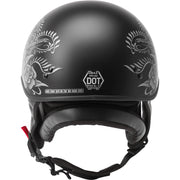 Black helmet with white designs on a transparent background