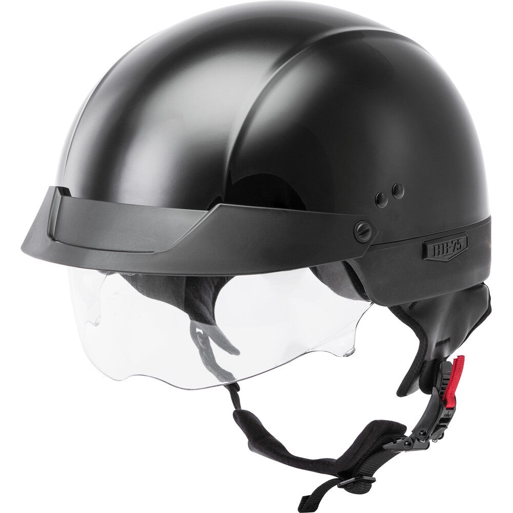 Black helmet with clear visor on a white background