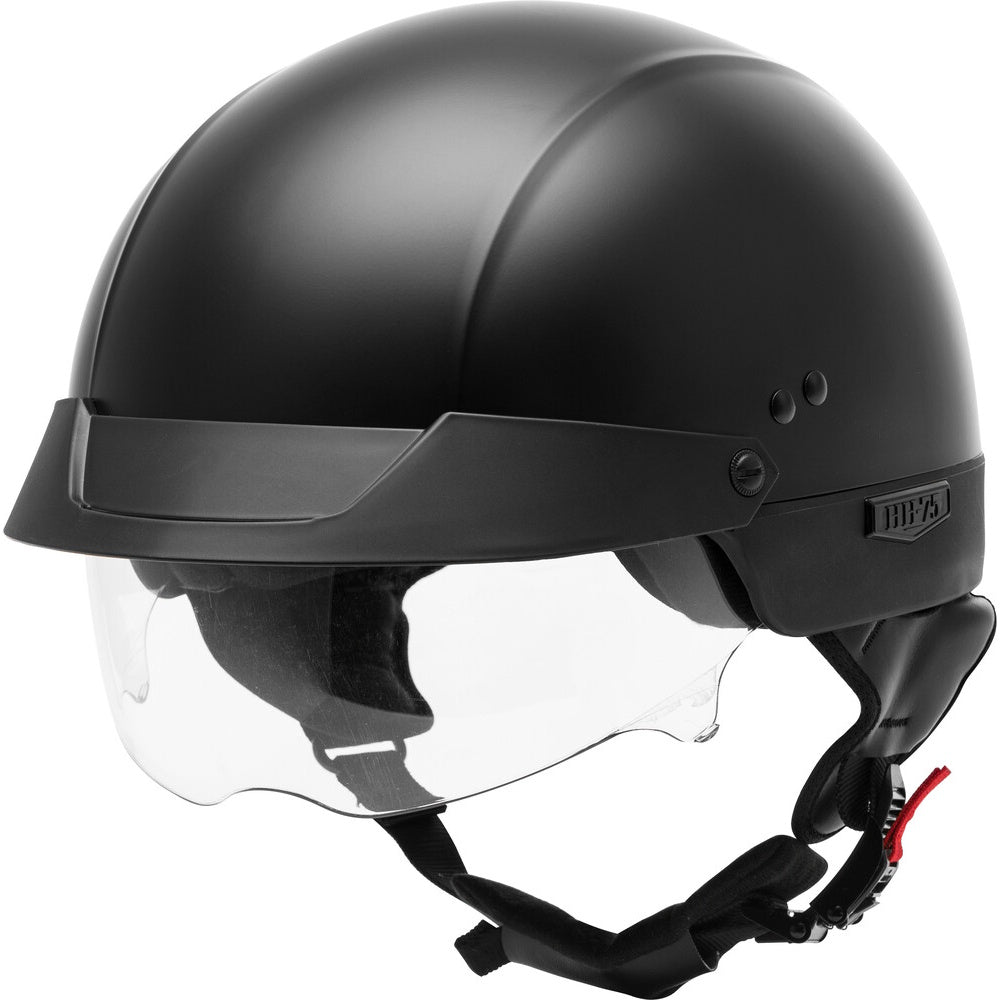 Black helmet with clear visor on a white background