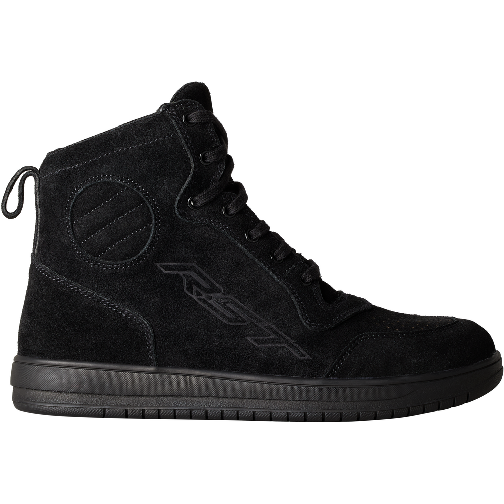 A black high-top suede sneaker with a circular stitched detail on the side, black laces, and a matching black sole, shown from a side profile on a white background.