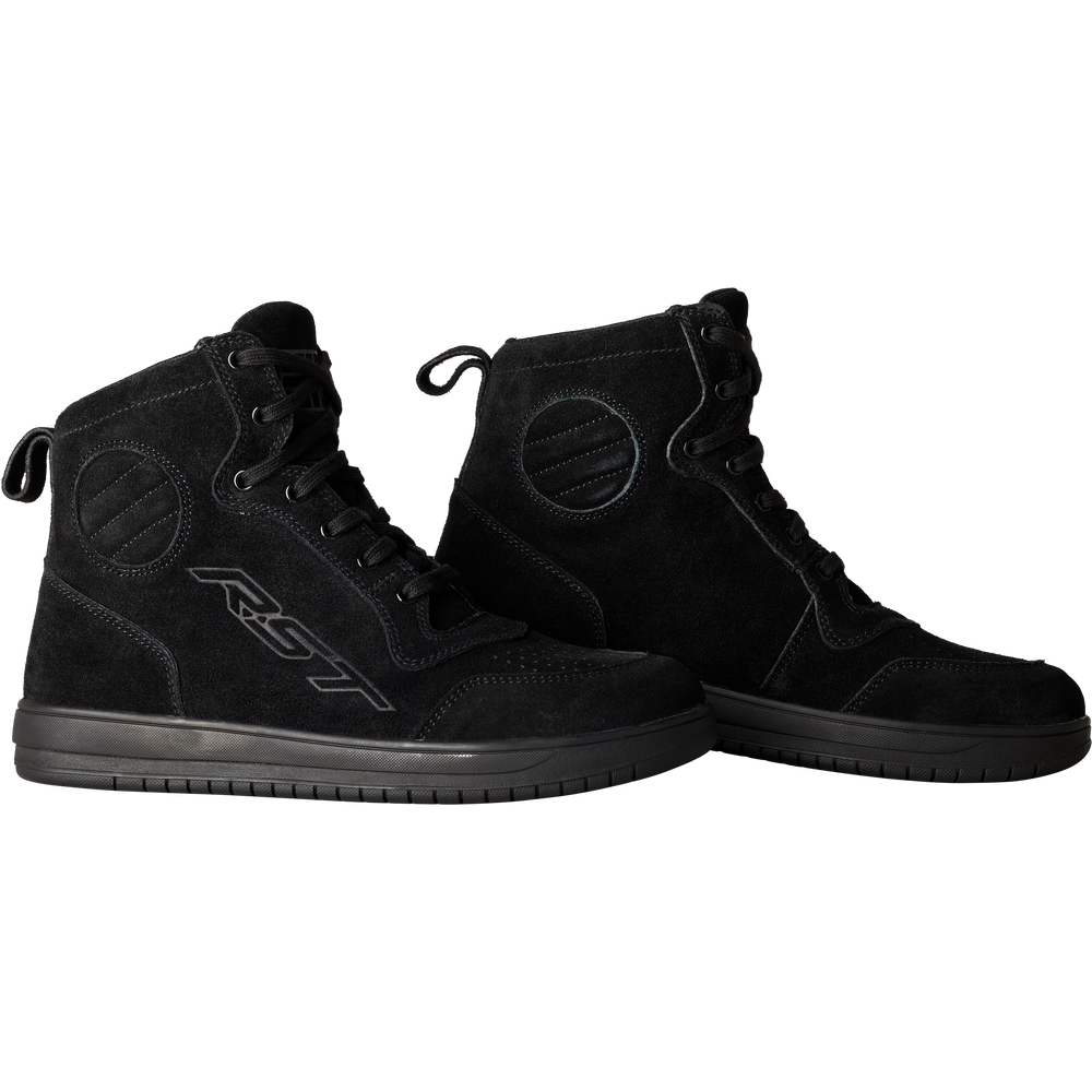 A pair of black high-top boots with a matte finish, featuring a circular logo on the side and a pull tab at the heel, shown against a plain white background.
