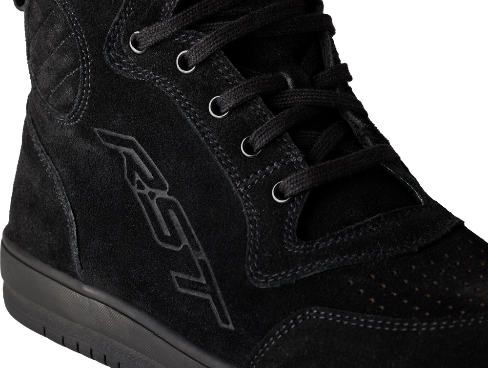 Black high-top sneaker with brand logo on a white background
