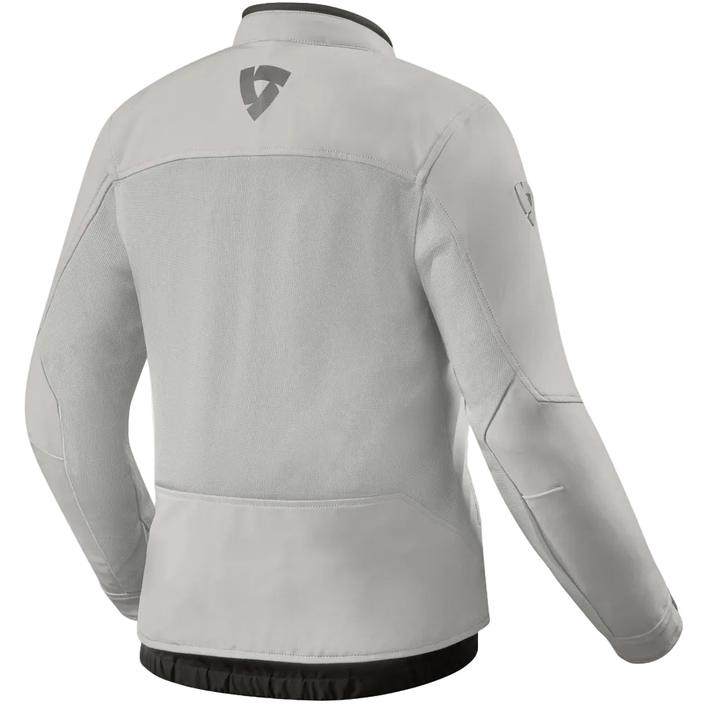 Gray jacket with a brand logo on the back against a white background