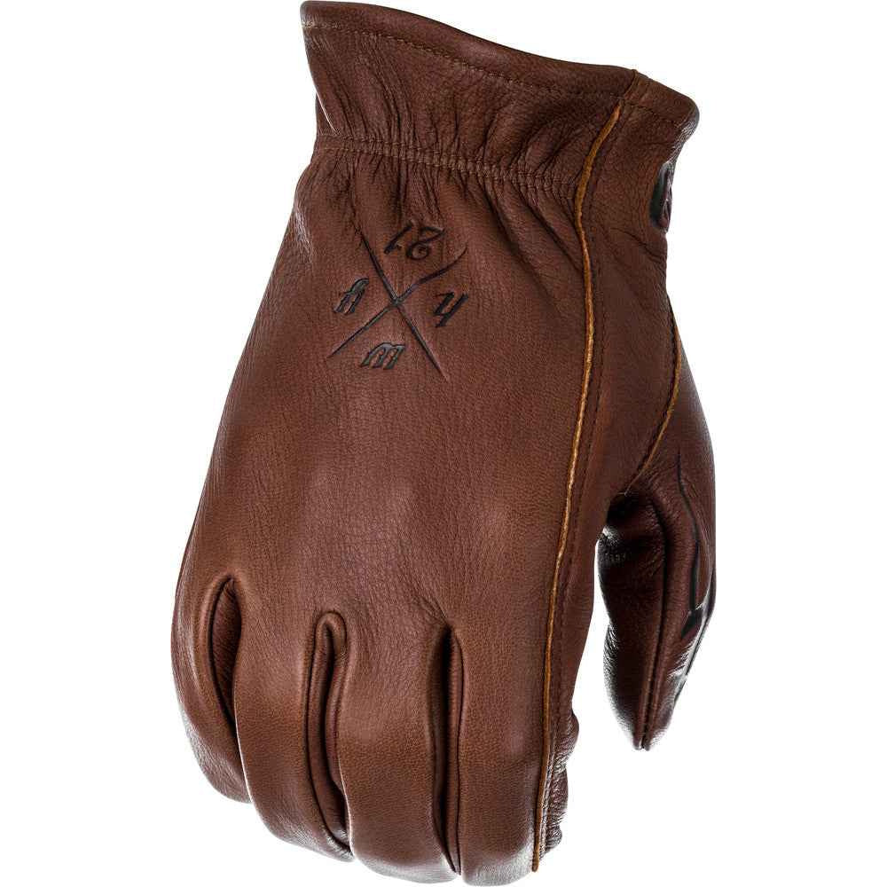 Brown leather glove with brand logo on a white background
