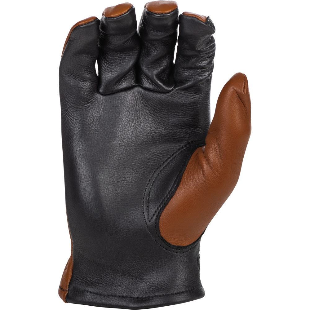 Black leather glove with brown accents on a white background