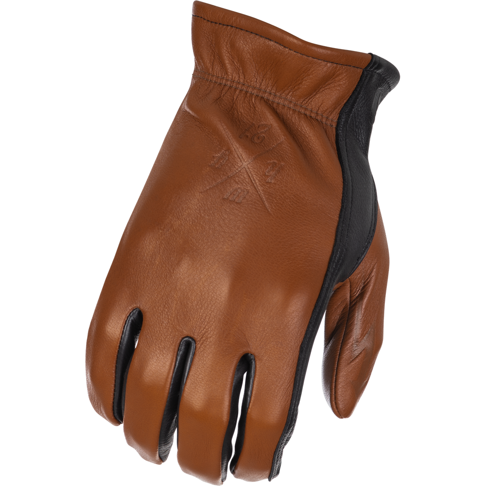 Brown leather glove with black accents on a white background