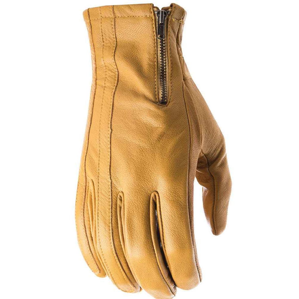 Tan leather glove with a zipper on a white background