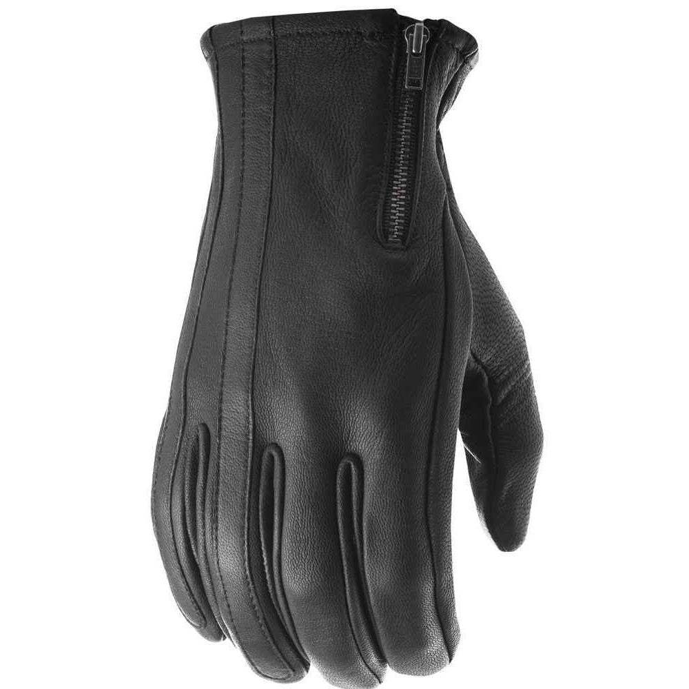 Black leather glove with a zipper on a white background