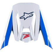 Motorcycle Peak Visor with blue and white design featuring a star logo and Honda branding on a white background.