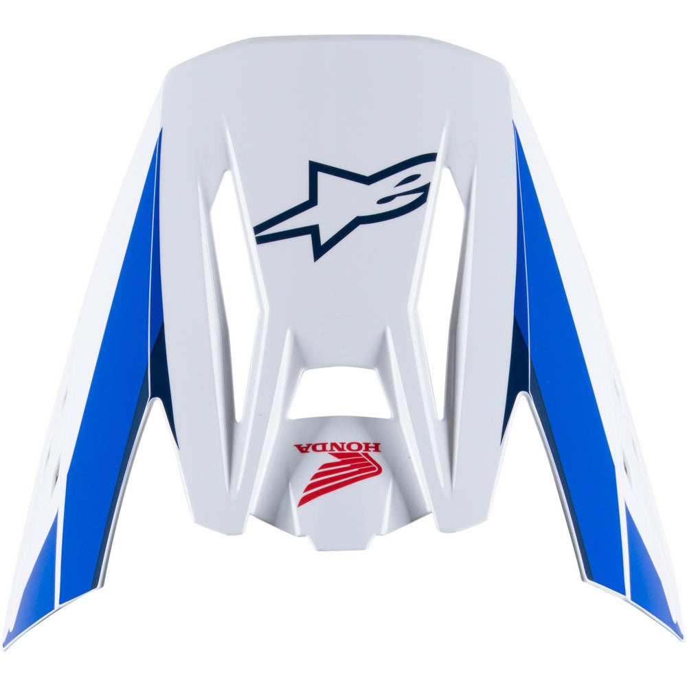 Motorcycle Peak Visor with blue and white design featuring a star logo and Honda branding on a white background.