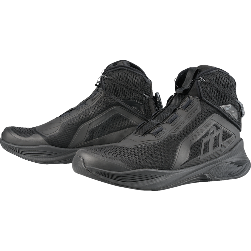A pair of black high-top tactical boots with mesh panels and textured synthetic overlays, shown on a solid white background.