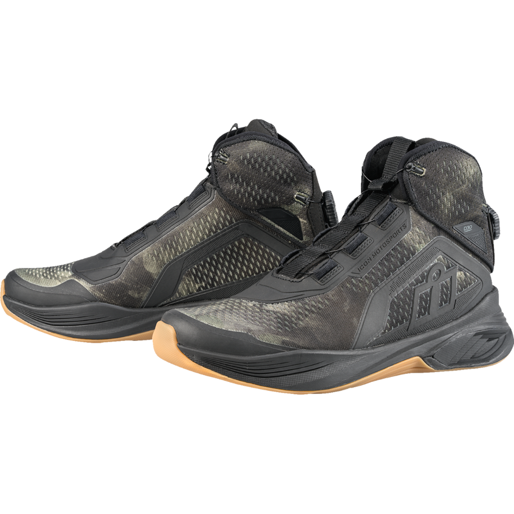 A pair of high-top athletic shoes in black and dark gray camouflage, featuring a textured synthetic upper and a gum-colored outsole, shown against a plain white background.