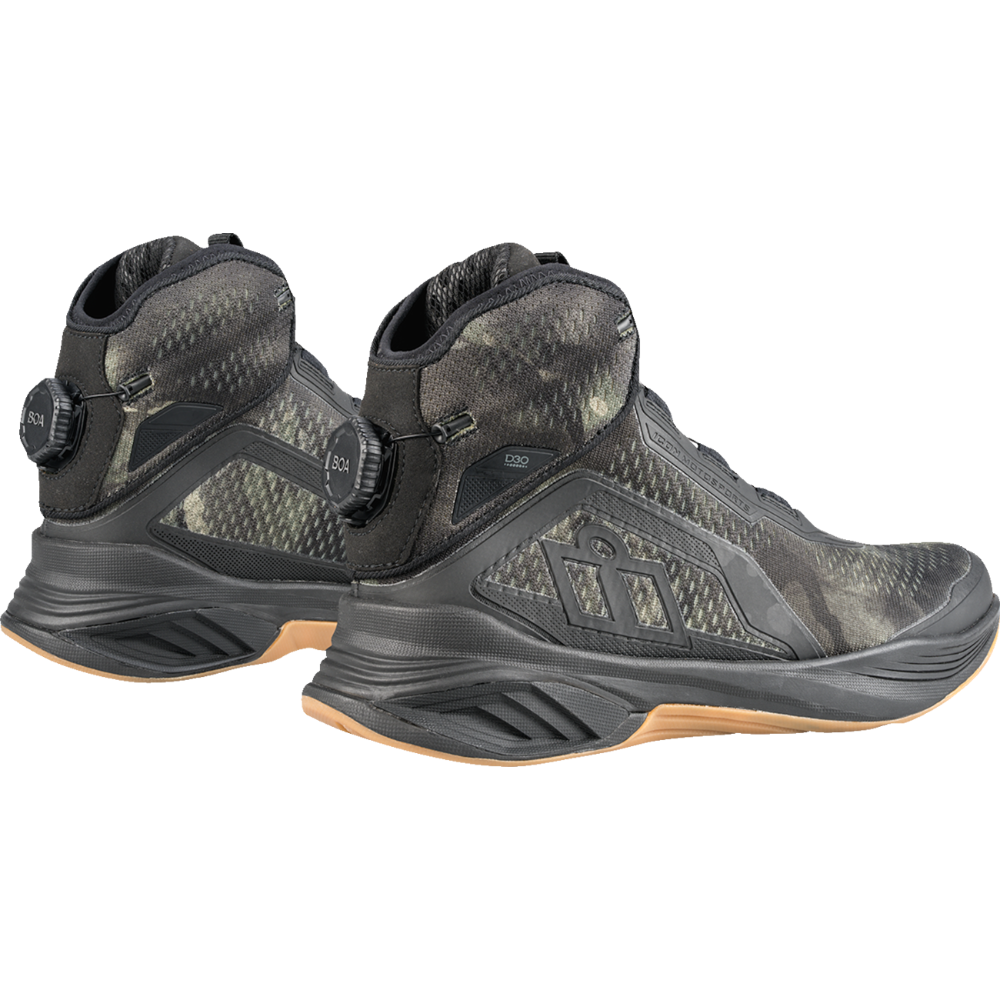 A pair of high-top fly fishing boots in a dark gray and black camouflage pattern with a tan outsole, shown against a plain white background.