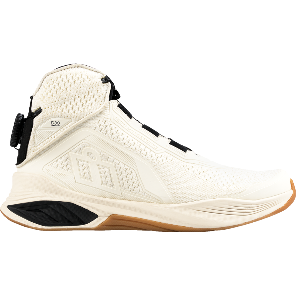 A high-top athletic sneaker shown in a side profile view against a solid white background. The shoe features an off-white mesh upper with black accents, a black heel counter, and a gum-colored outsole.