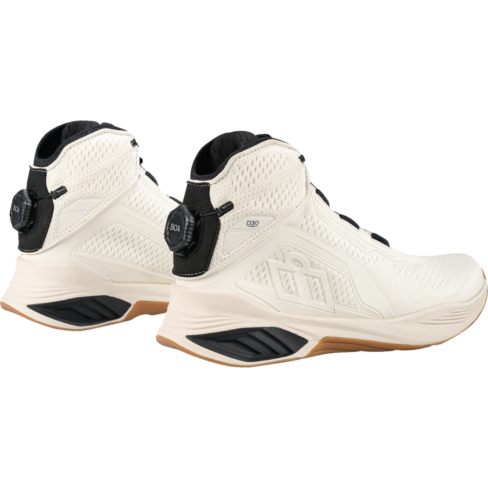 A pair of high-top athletic shoes in off-white and black, featuring a dial closure system and a gum-colored outsole, shown against a plain white background.