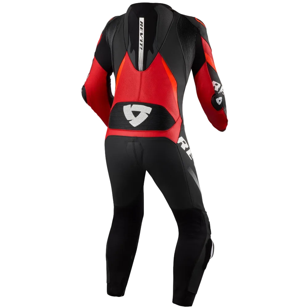 Black and red motorcycle suit on a white background