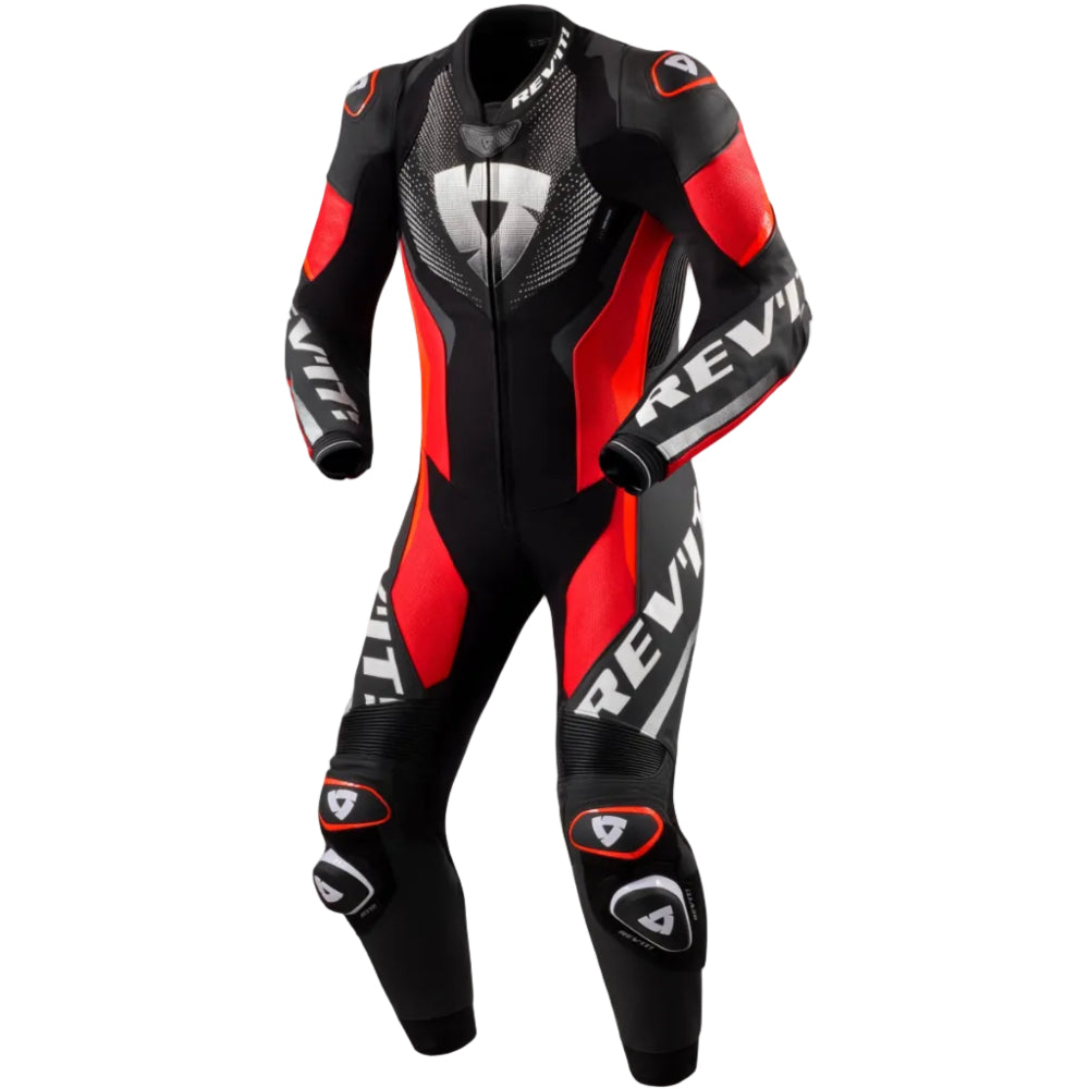 Black and red motorcycle racing suit with 'Rev' branding on a white background